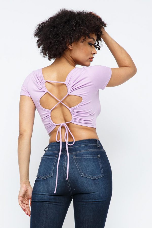 OPEN CROSS BACK TIE SHORT SLEEVE TOP