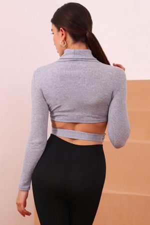 Turtle Neck Long Sleeve Crisscross Crop Top