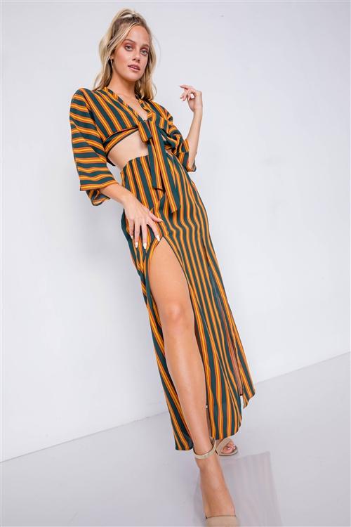 MULTI STRIPE CROP TOP AND MAXI SLIT SKIRT SET