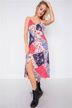 Center Slit V Neck Sun Midi Dress