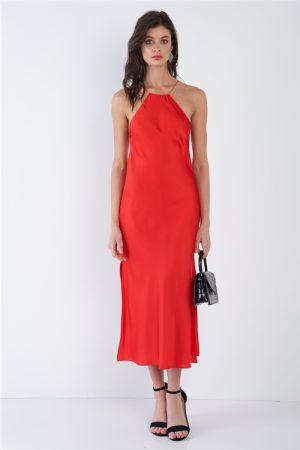 Silk Halter Side Slit Open Back Dress