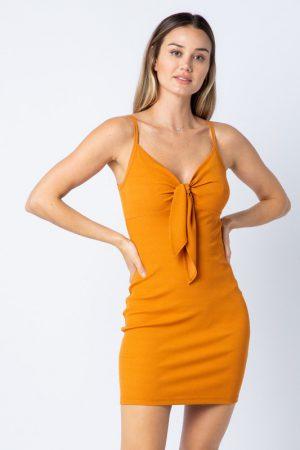 Spaghetti strap ribbed dress with front self tie.