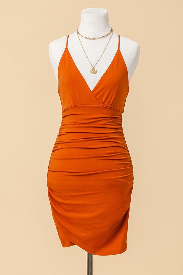 V-NECK RUCHED BODYCON MINI DRESS