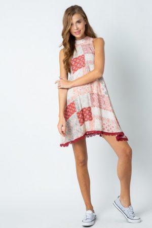 Sleeveless Lace A Cut Printed Dress