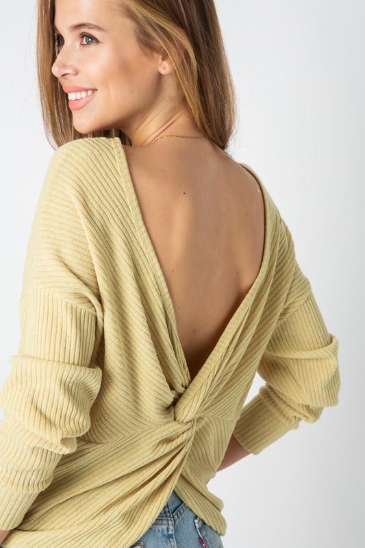 RIBBED SOLID LONG SLEEVE TOP WITH TWISTED BACK