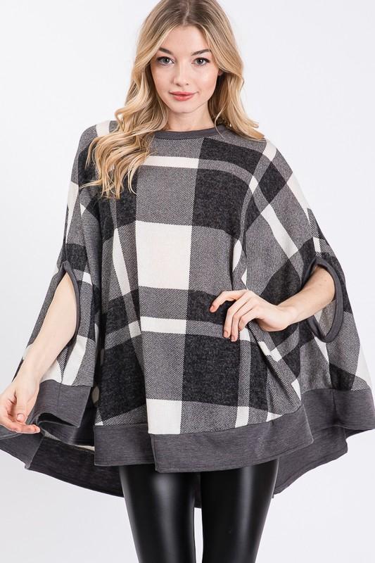 BRUSHED PLAID PONCHO