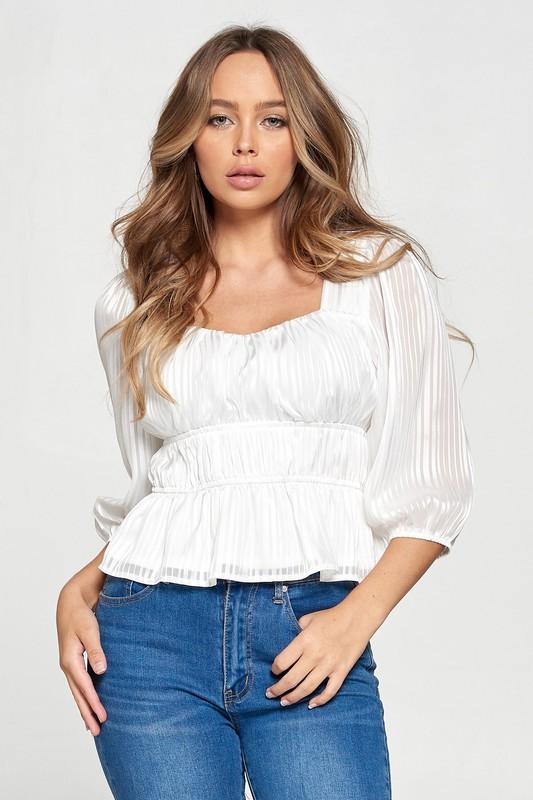 SHEER STRIPE SWEETHEART SQUARE NECK TOP