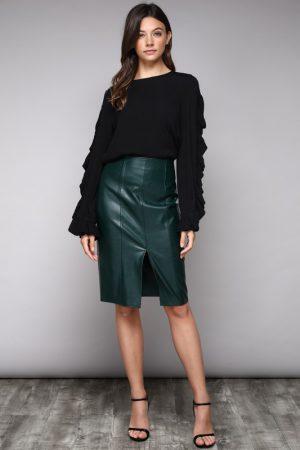 FAUX LEATHER FRONT SLIT MIDI SKIRT