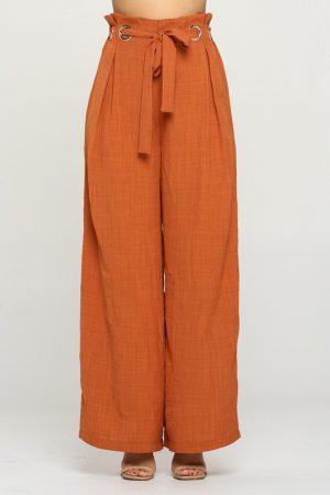 HIGH WAISTED EYELET BELTED WIDE LEG PANTS