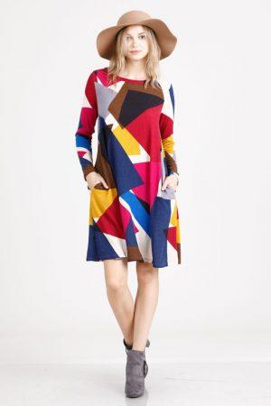 Geo Print Tunic Dress With Pockets