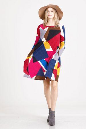 Geo Print Tunic Dress With Pockets