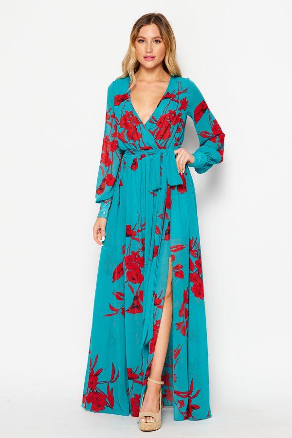 PRINT LONG SLEEVE MAXI DRESS