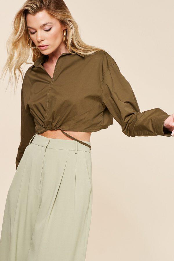 TIE WAIST LONG SLEEVE CROP SHIRT
