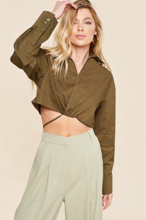 Poplin crop long sleeve collared shirt with back string tie for a chic look you wanted