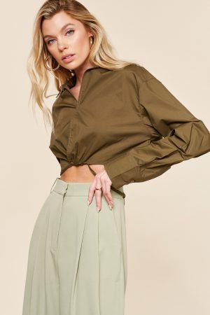 Poplin crop long sleeve collared shirt with back string tie for a chic look you wanted
