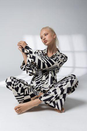 Flora Oversized Geometric Print Satin Shirt And Wide Pants Set