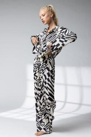 Flora Oversized Geometric Print Satin Shirt And Wide Pants Set