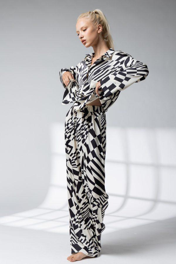 OVERSIZED GEOMETRIC PRINT SATIN SHIRT AND PANTS SET