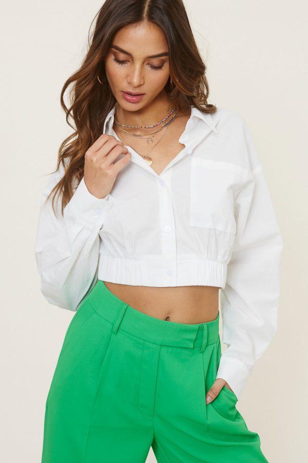 LONG SLEEVE ELASTIC WAIST CROP SHIRT