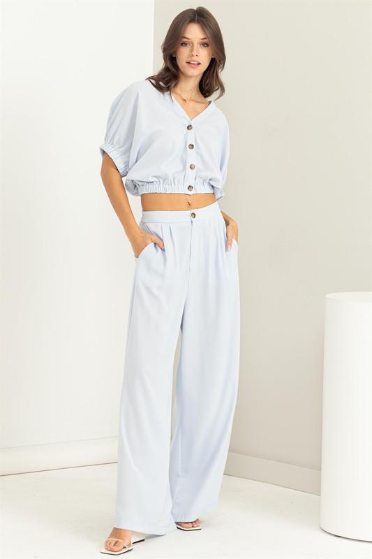 CHARMER BUTTON-FRONT TOP AND WIDE PANTS